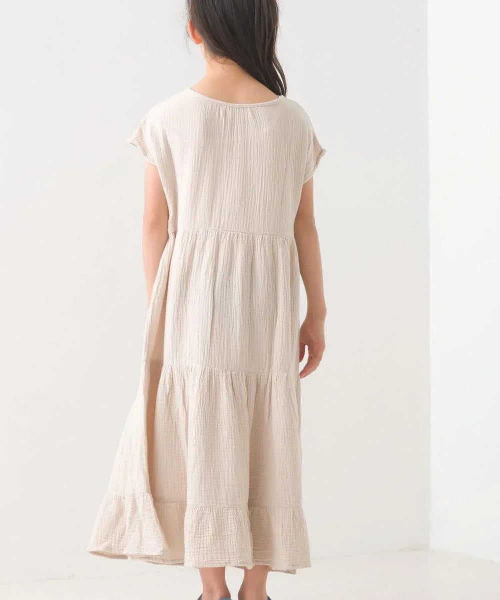 [現貨] 日本直送 OMNES 女童裝 米色雙層薄紗法式袖束腰連身裙 - BB Dressup