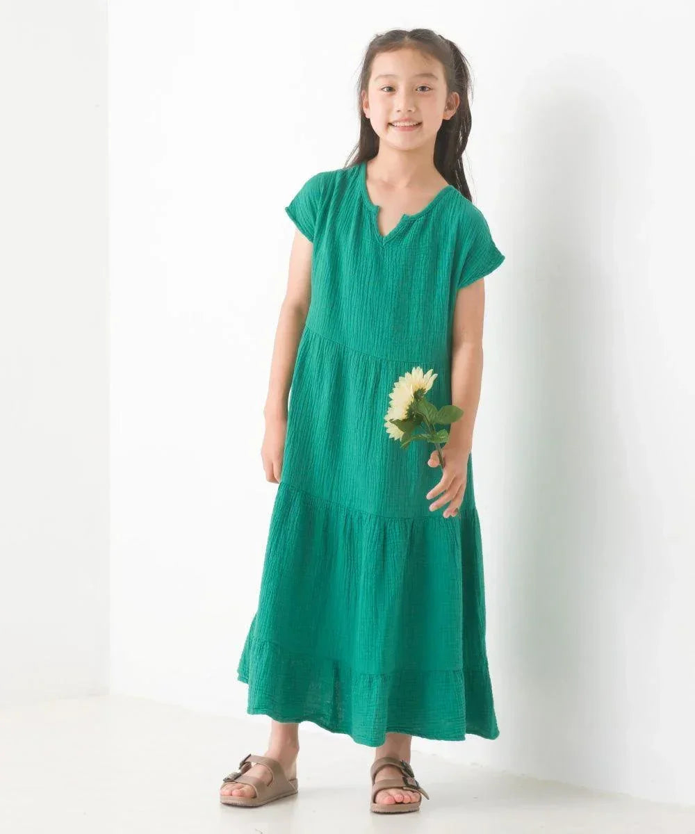 [現貨] 日本直送 OMNES 女童裝 綠色雙層薄紗法式袖束腰連身裙 - BB Dressup