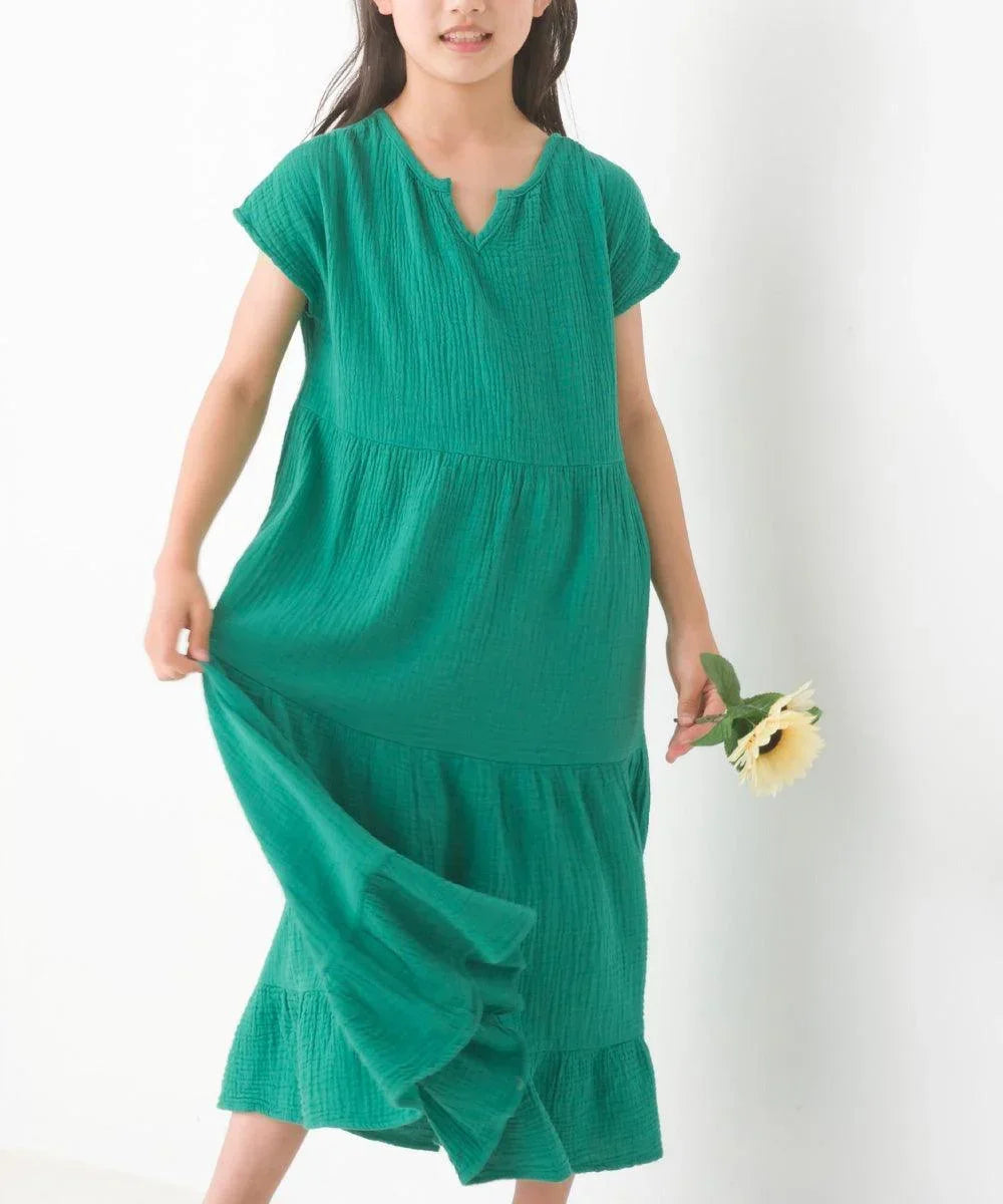 [現貨] 日本直送 OMNES 女童裝 綠色雙層薄紗法式袖束腰連身裙 - BB Dressup