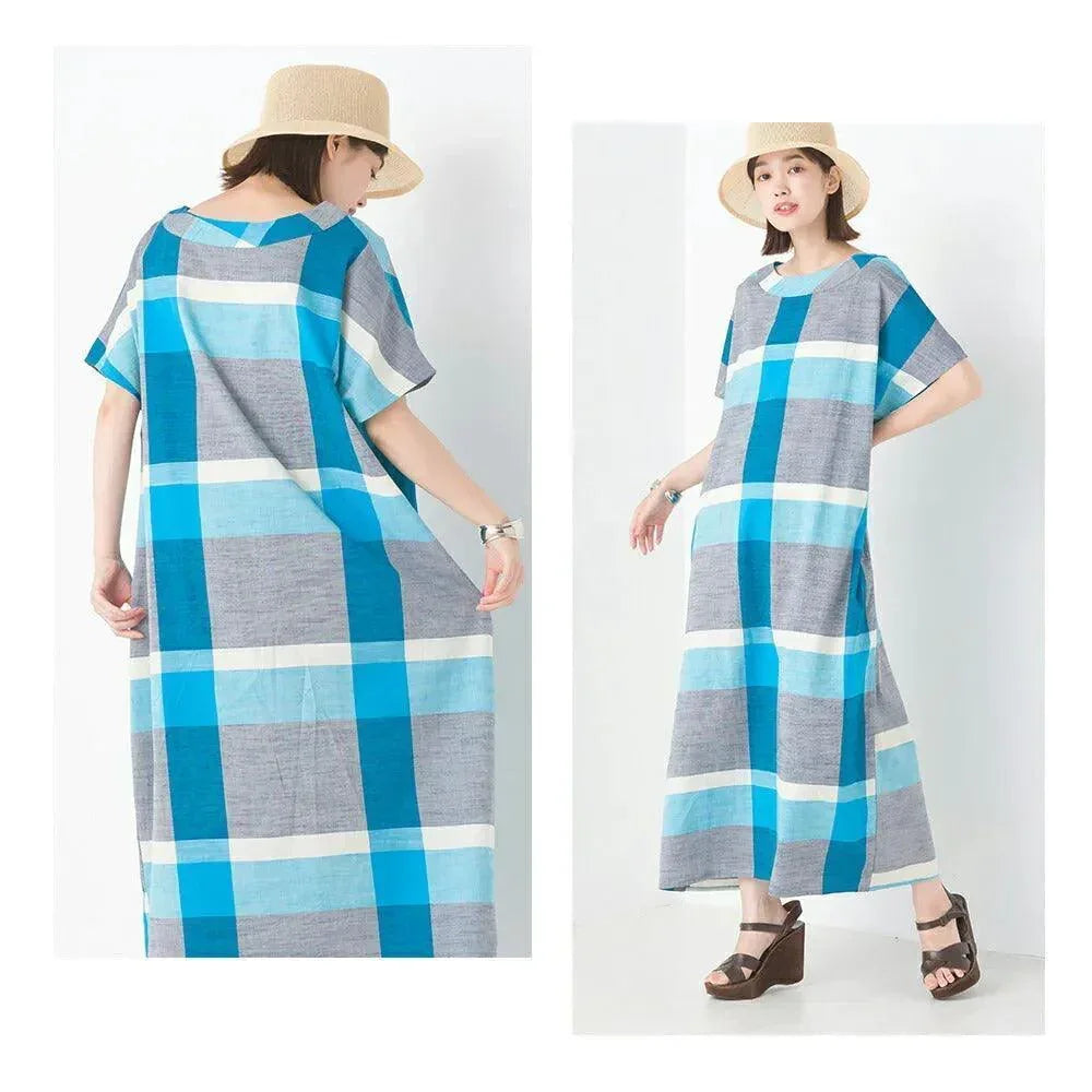 [現貨] 日本直送 OMNES 成人棉質竹節格紋藍色連身裙 - BB Dressup