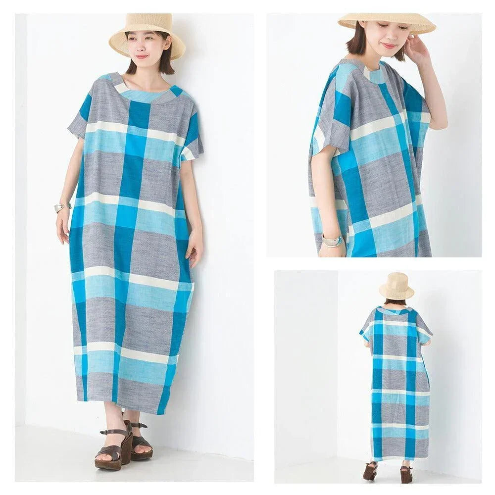 [現貨] 日本直送 OMNES 成人棉質竹節格紋藍色連身裙 - BB Dressup