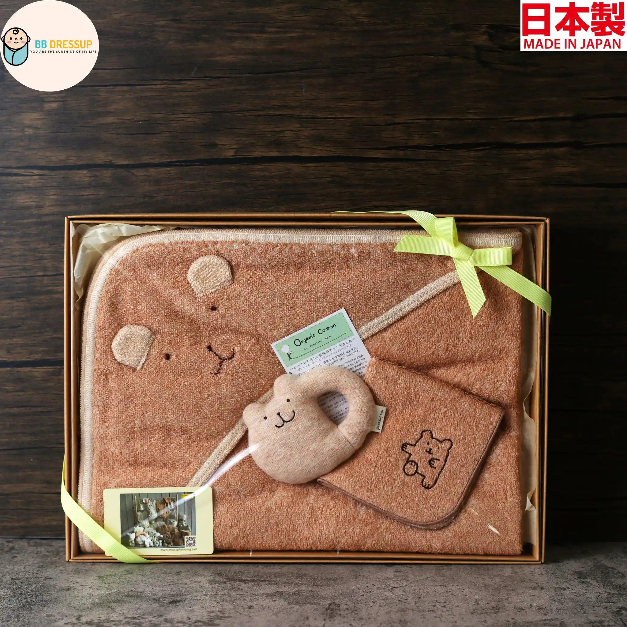[現貨] 日本製 POMPKINS 初生嬰兒啡色兔仔有機棉浴巾嬰兒禮盒 (AG-1) - BB Dressup