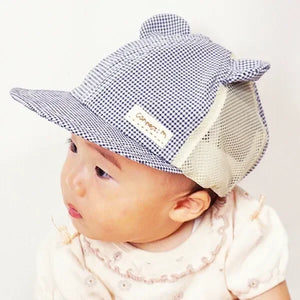 [現貨] 日本製 Shapox防紫外線米色格仔網布熊耳嬰幼兒Cap帽 - BB Dressup