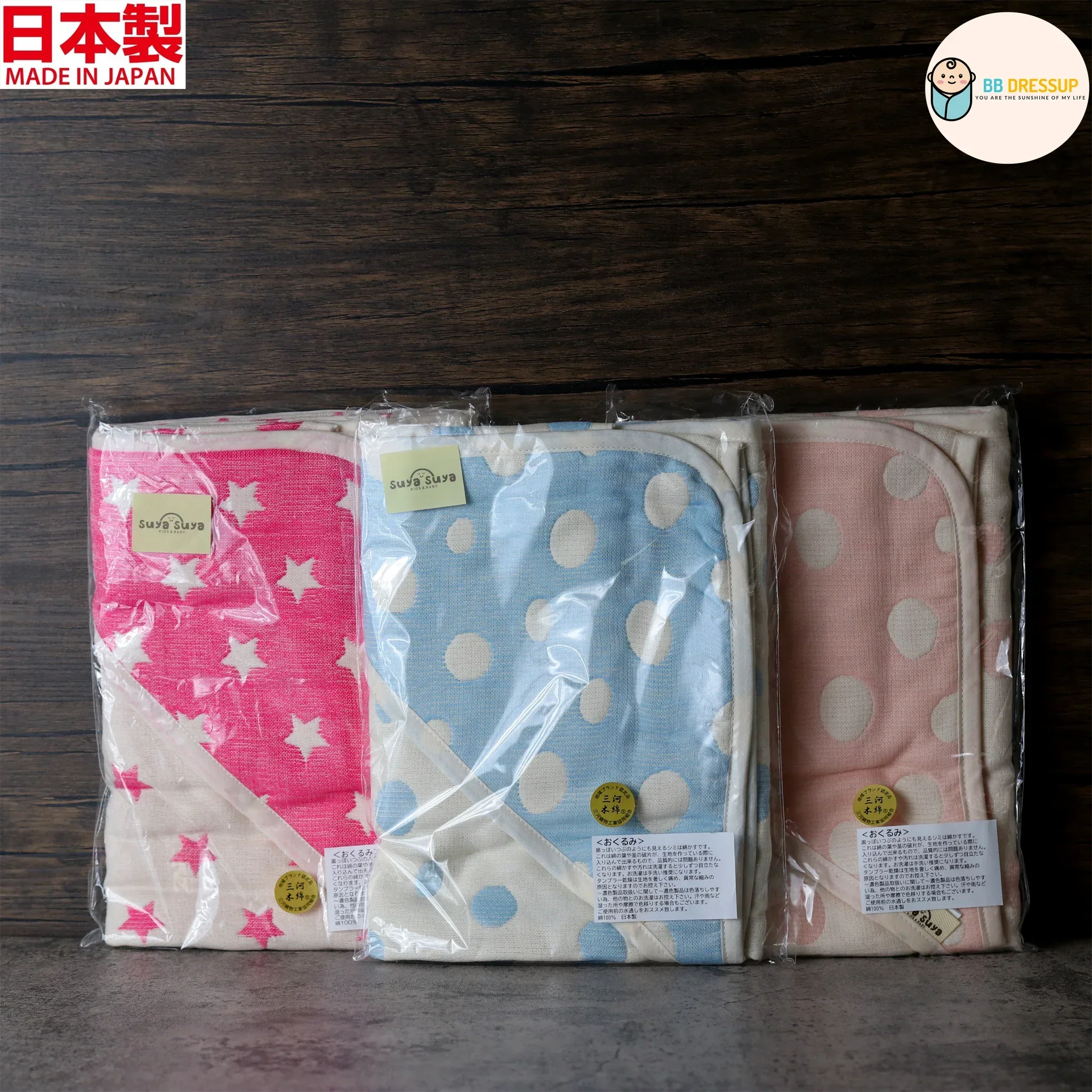 具備清新圓點圖案設計之日系風格嬰兒包巾。