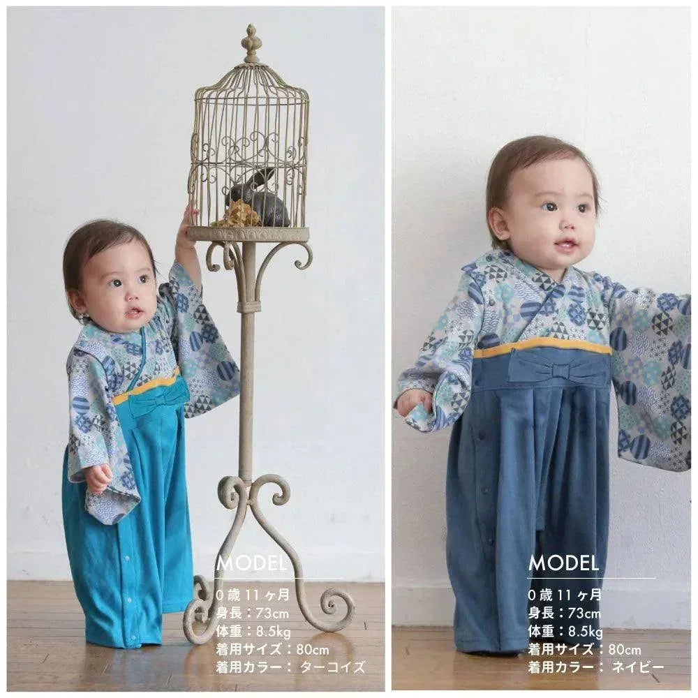 [現貨] 日本直送 Aenak 男童裝 寶石綠色圓形印花 日本和服連身衣 (60-90cm) - BB Dressup