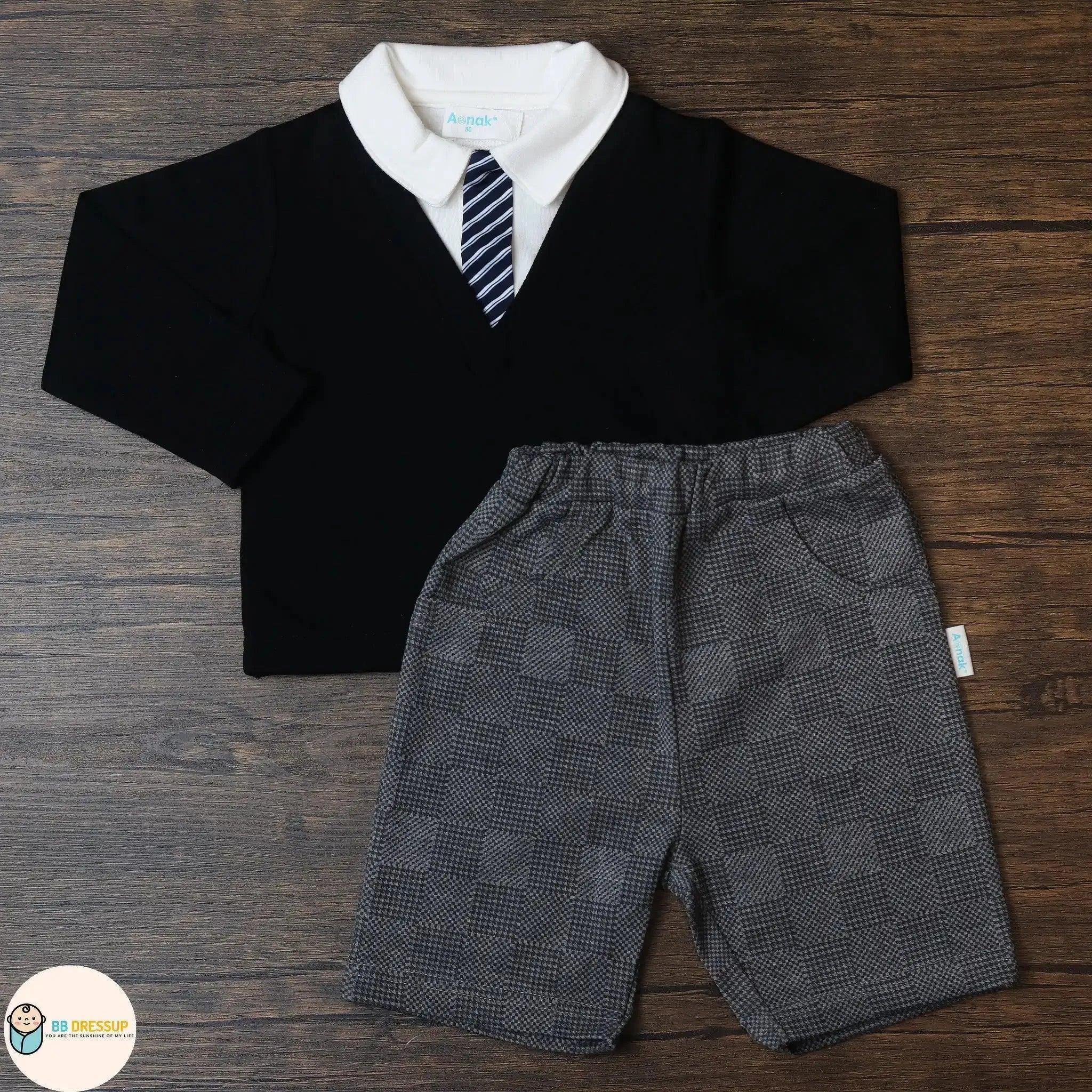 [現貨] 日本直送 Aenak 初生嬰兒 黑色V領恤衫/西褲套裝 (80-110cm) - BB Dressup