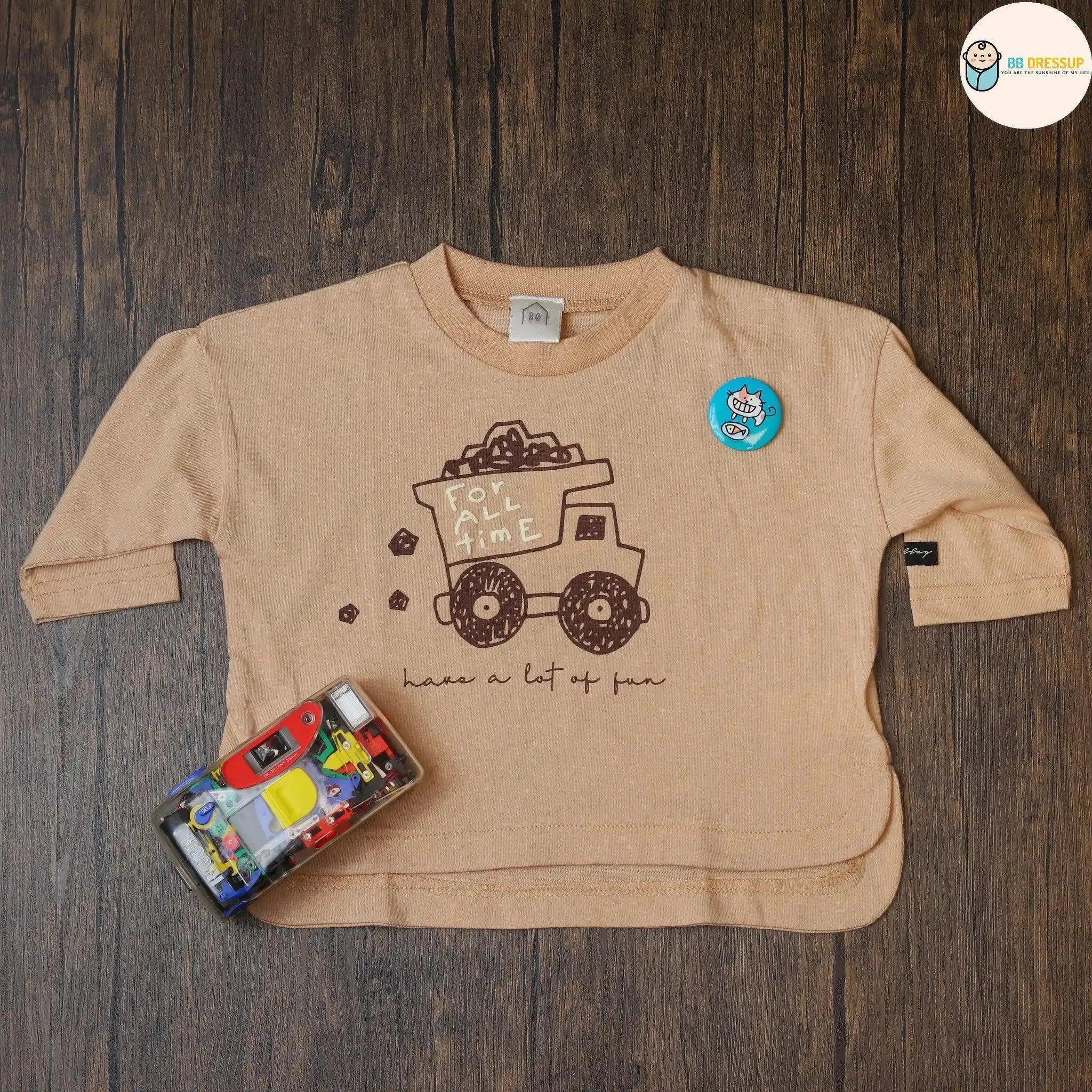 [現貨] 日本直送 Mam 幼兒 貨車圖案 淺啡色長袖上衣 (80-90cm) - BB Dressup