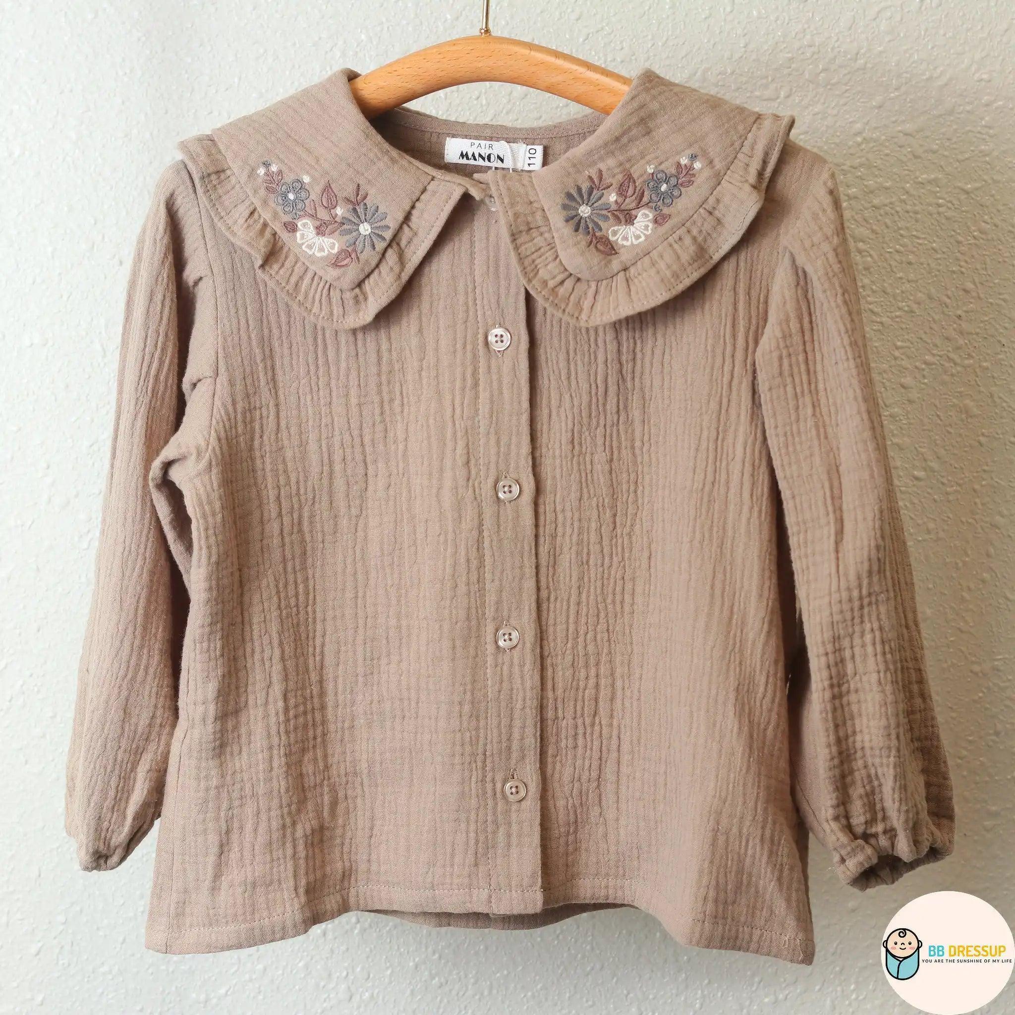 [現貨] 日本直送 Pairmanon 女童裝 灰米色雙層紗繡花 洋裝上衣 (100-120cm) - BB Dressup