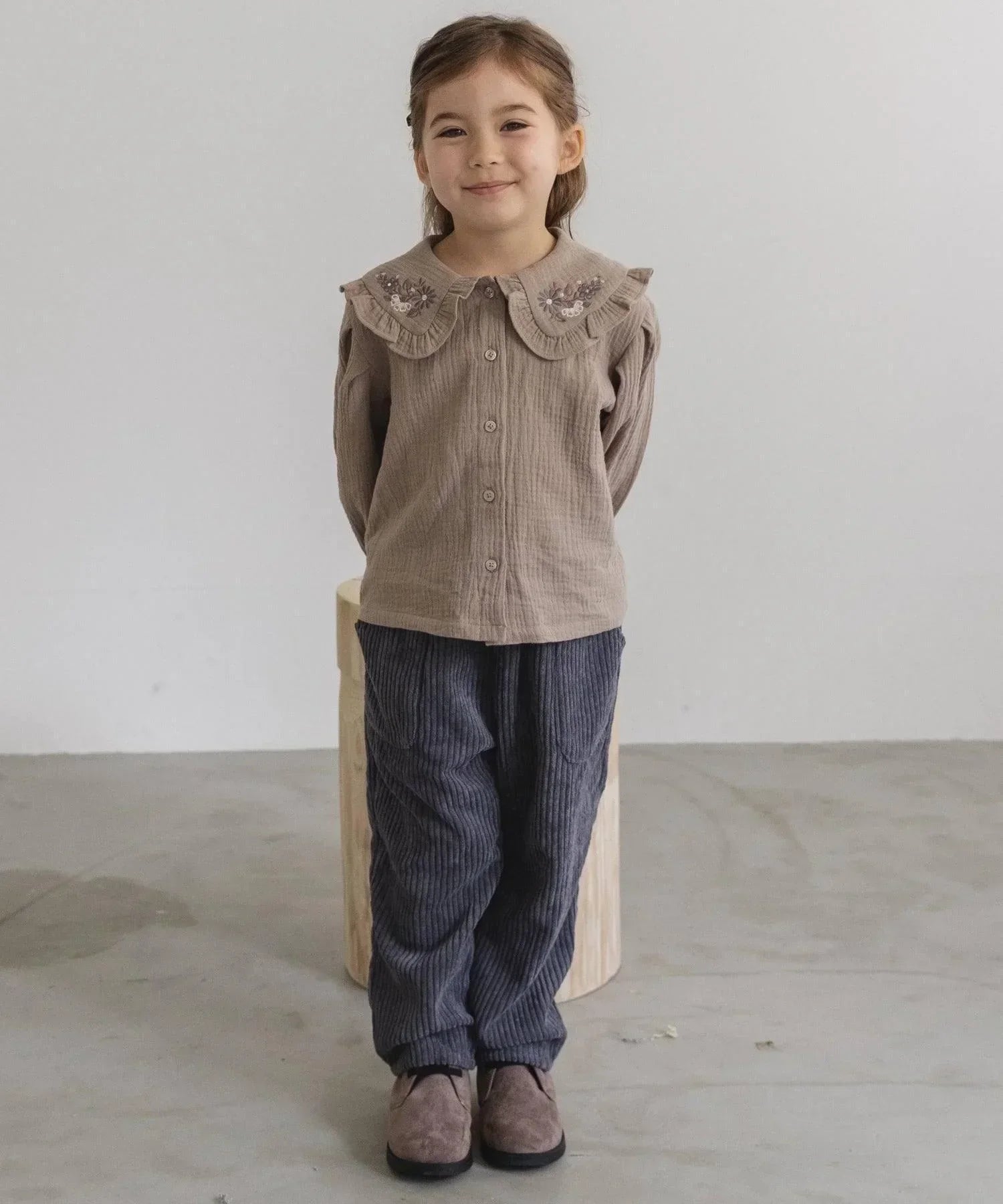 [現貨] 日本直送 Pairmanon 女童裝 灰米色雙層紗繡花 洋裝上衣 (100-120cm) - BB Dressup