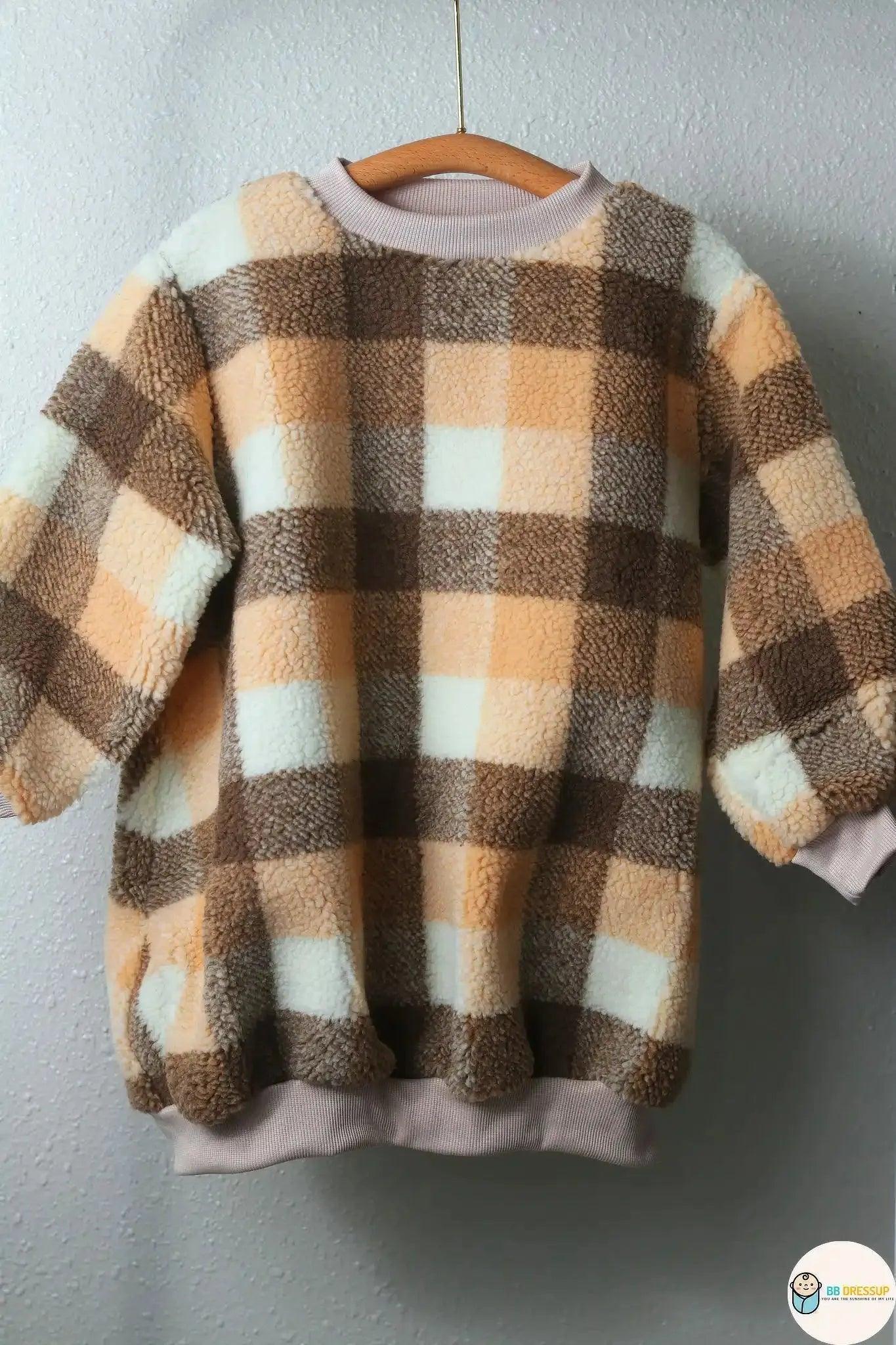 [現貨] 日本直送 Pairmanon 女童裝 橙啡方格 毛毛洋裝連身裙 (120cm) - BB Dressup