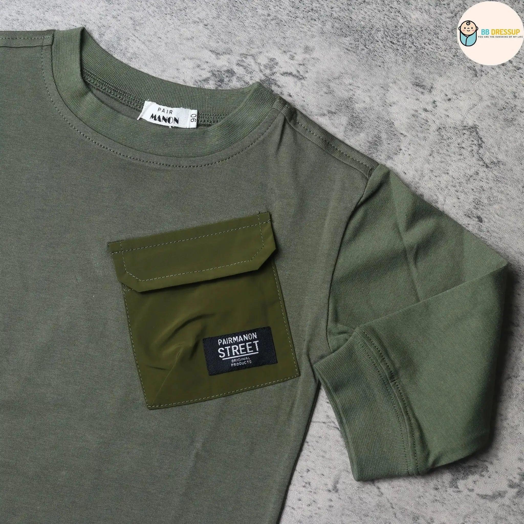 [現貨] 日本直送 Pairmanon 童裝 軍綠色配胸袋 長袖T恤 (90cm) - BB Dressup