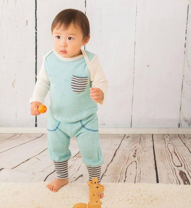 [現貨] 日本製 Yuga 有機棉 初生嬰兒 粉藍色束腳長褲 (90-100cm) - BB Dressup